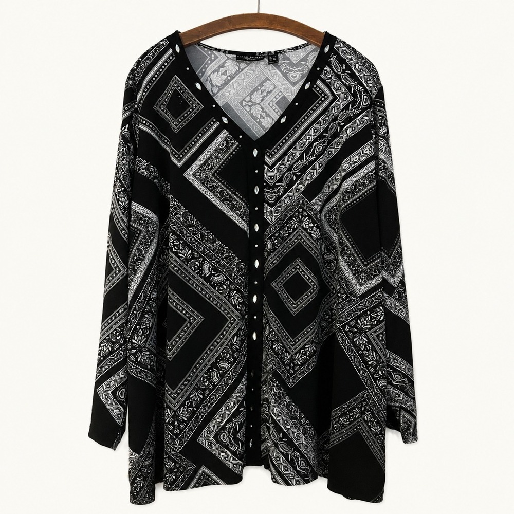 Susan Graver Artisan Top Size 3X Black & White Patchwork Beaded Accent Artsy‎